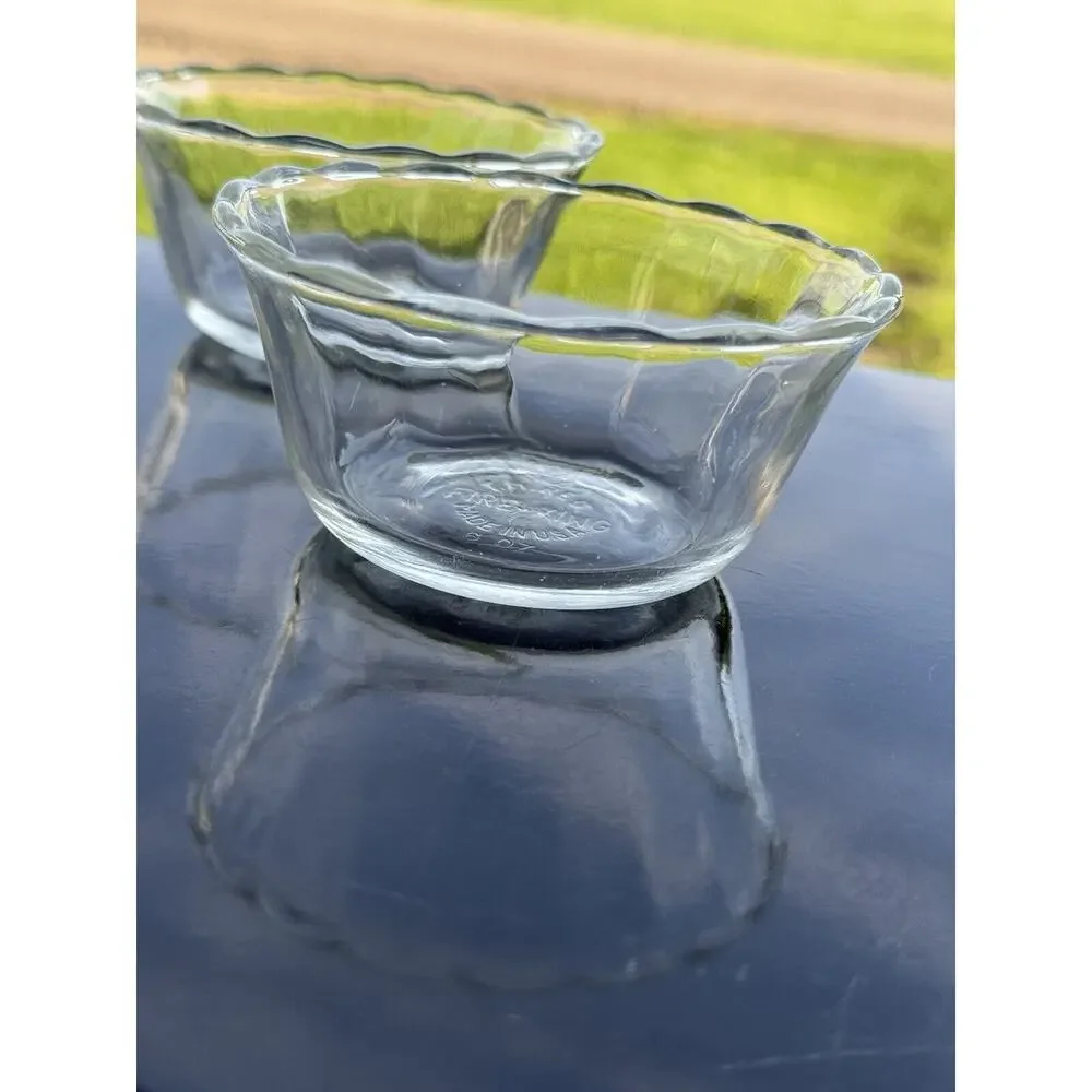 3 Fire King #424 Custard Cups Clear Glass Scalloped‎ Edge 6 oz ramekin
